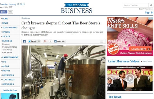 image of brewery on front page of the Toronto Star business section